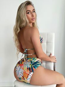 熱帶印花環扣聯結領高腰比基尼 - 彩色 - 查看 2