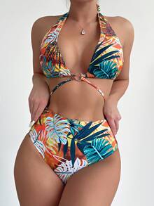 熱帶印花環扣聯結領高腰比基尼 - 彩色 - 查看 4