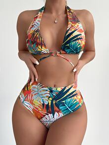 熱帶印花環扣聯結領高腰比基尼 - 彩色 - 查看 5