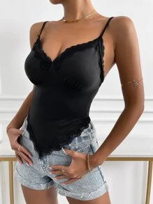 SHEIN Allurite 蕾絲邊不對稱下擺吊帶上衣 - 黑色 - 查看 3