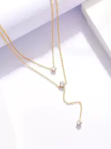 方晶鋯石裝飾多層次項鍊 - 金黃色 - 查看 1