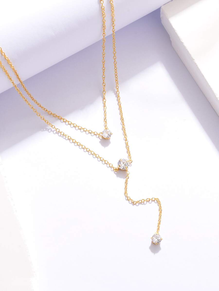 方晶鋯石裝飾多層次項鍊 - 金黃色 - 查看 1