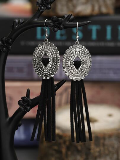 Pendientes largos ribete en abanico oval & con fleco