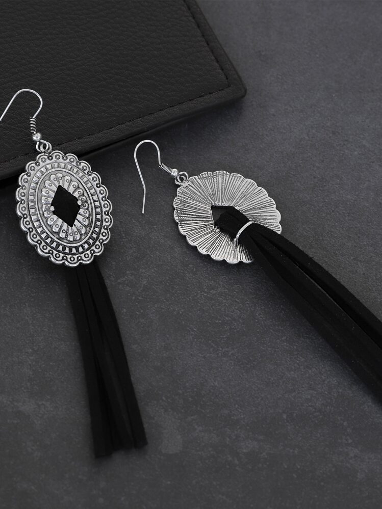 Pendientes largos ribete en abanico oval & con fleco - Plata antigua - Añade 4