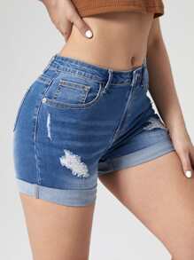 Jeanoix Ripped Roll Up Hem Denim Shorts - Medium Wash - View 3