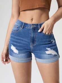 Jeanoix Ripped Roll Up Hem Denim Shorts - Medium Wash - View 4
