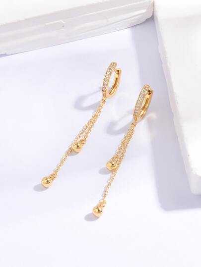 1pair Fashionable Inlaid Ear Cuff With Tassel Ball & Pendant Dangle Earrings For Women, Suitable For Daily Wear