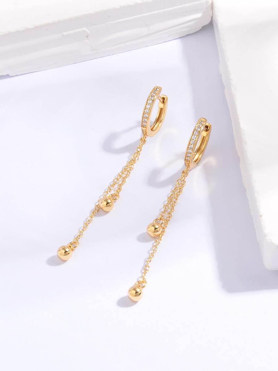 對時尚鑲嵌耳骨夾帶流蘇球和吊墜女式耳環，適合日常佩戴 - 金黃色 - 查看 1