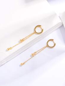 對時尚鑲嵌耳骨夾帶流蘇球和吊墜女式耳環，適合日常佩戴 - 金黃色 - 查看 2