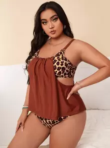 Plus Size Da báo xếp nếp lưng cao Tankini đi biển mùa hè - Rỉ Nâu - Xem 4