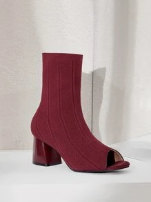 Cuccoo Minimalist Peep Toe Slip On Chunky Sock Boots - Burgundy - View 11