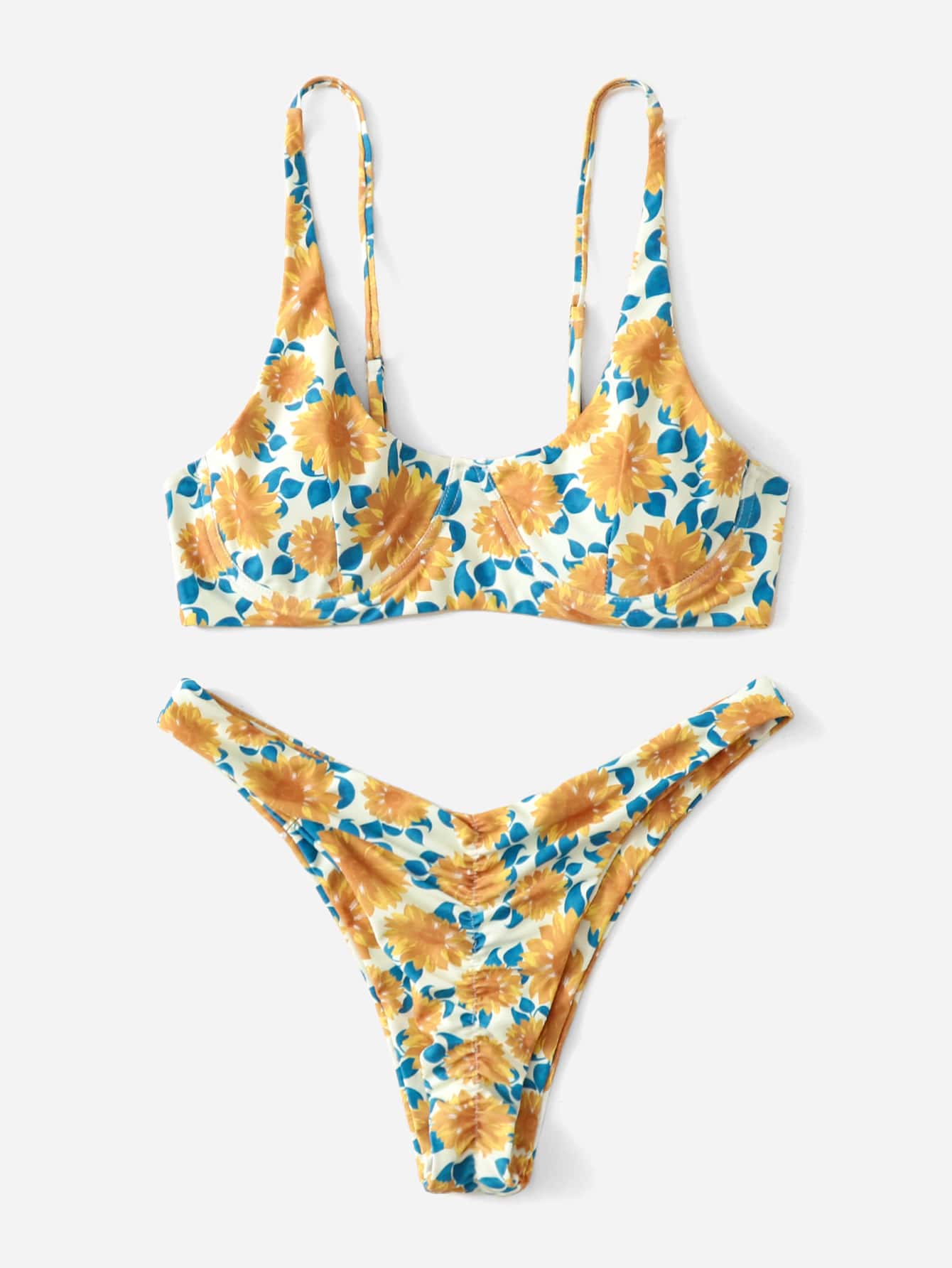 Sunflower Print Bikini For Summer Beach - Multicolor - View 1