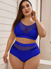SHEIN Swim Curve Conjunto de bikini de talle alto de malla en contraste de talla grande para playa en verano - azul real - Ver 1