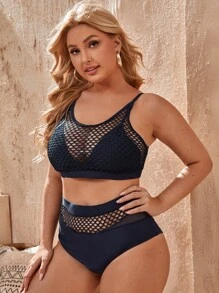 Conjunto de bikini de talle alto con malla de contraste y talla grande para playa de verano - Azul Marino - Ver 1