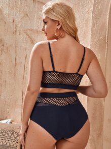 Conjunto de bikini de talle alto con malla de contraste y talla grande para playa de verano - Azul Marino - Ver 2