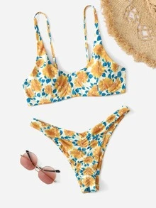 Sunflower Print Bikini For Summer Beach - Multicolor - View 5