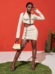 Slaydiva Bộ đồ hai mảnh nữ Bất đối xứng Thắt nút Ren lên Thùa khuyết Nút phía trước màu trơn Gợi cảm - Màu be - Xem 6