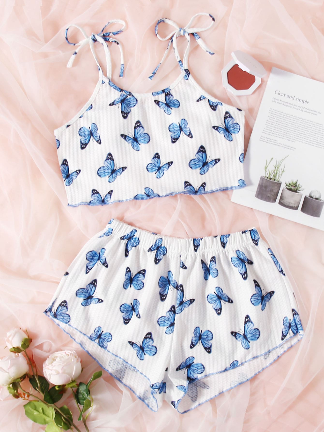 Plus Allover Butterfly Print Knot Shoulder Lettuce Trim PJ Set - Blue and White - View 1