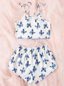 Plus Allover Butterfly Print Knot Shoulder Lettuce Trim PJ Set - Blue and White - View 2