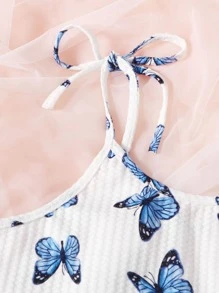 Plus Allover Butterfly Print Knot Shoulder Lettuce Trim PJ Set - Blue and White - View 3