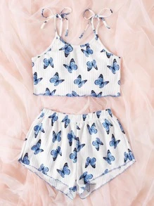 Plus Allover Butterfly Print Knot Shoulder Lettuce Trim PJ Set - Blue and White - View 4