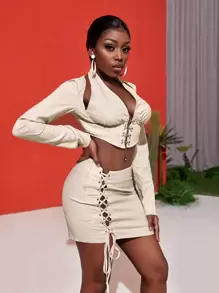 Slaydiva Bộ đồ hai mảnh nữ Bất đối xứng Thắt nút Ren lên Thùa khuyết Nút phía trước màu trơn Gợi cảm - Màu be - Xem 8