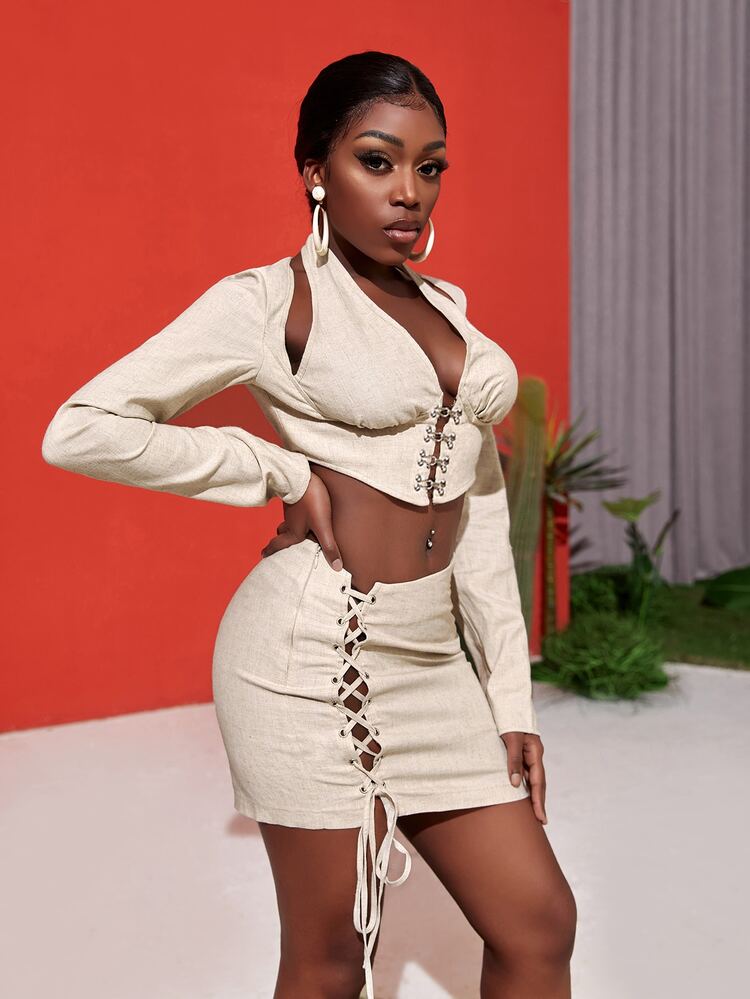 Hook And Eye Cut-out Crop Top & Lace Up Knot Skirt Set