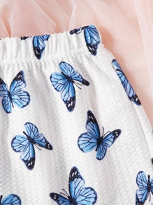 Plus Allover Butterfly Print Knot Shoulder Lettuce Trim PJ Set - Blue and White - View 5