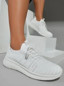 Cuccoo Knit Detail Textured Running Shoes - White - View 4