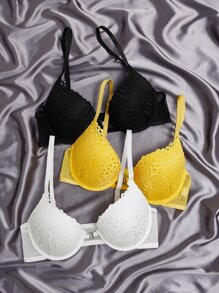 3pcs Contrast Lace Underwire Bra Set Lingerie - Multicolor - View 1