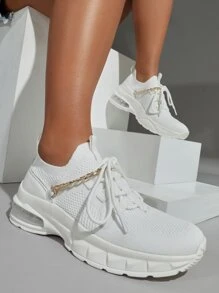 CUCCOO BASICS Chain Decor Lace Up Decor Knit Sneakers - White - View 6