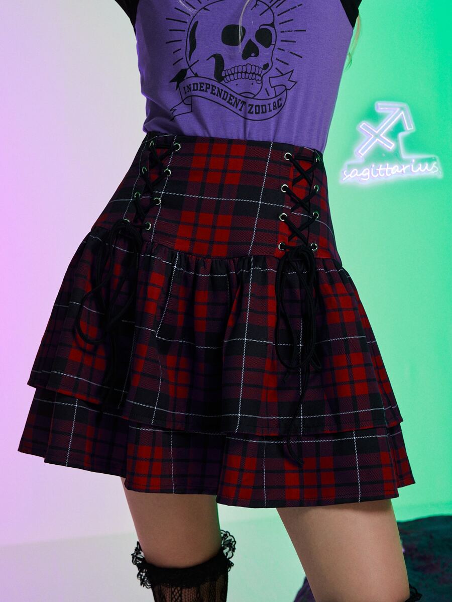 ROMWE Váy nữ Ren lên Viên lá sen Sọc ca rô Sẵn sàng - Nhiều màu - Xem 1