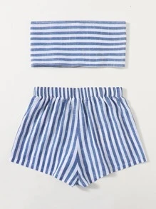 Soleia WYWH Vacation Two Pieces Striped Knot Front Crop Tube Blue&White Off Shoulder Top & Shorts Two Pieces