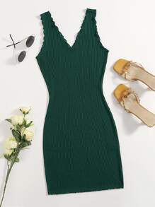 SHEIN LUNE Vestido ajustado tejido de canalé ribete en forma de lechuga - Verde Oscuro - Ver 1