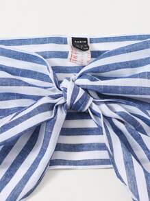Soleia WYWH Vacation Two Pieces Striped Knot Front Crop Tube Blue&White Off Shoulder Top & Shorts Two Pieces