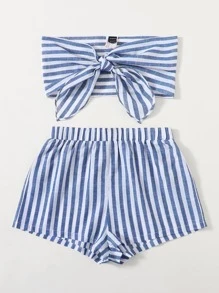Soleia WYWH Vacation Two Pieces Striped Knot Front Crop Tube Blue&White Off Shoulder Top & Shorts Two Pieces