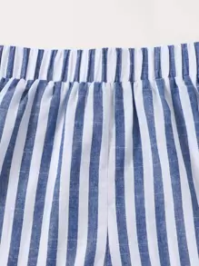 Soleia WYWH Vacation Two Pieces Striped Knot Front Crop Tube Blue&White Off Shoulder Top & Shorts Two Pieces