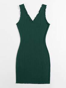 SHEIN LUNE Vestido ajustado tejido de canalé ribete en forma de lechuga - Verde Oscuro - Ver 2