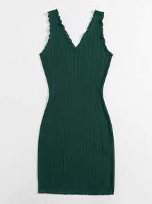 SHEIN LUNE Vestido ajustado tejido de canalé ribete en forma de lechuga - Verde Oscuro - Ver 4