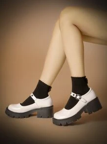 ROMWE Grunge Punk Giày cao gót Nữ Khóa màu trơn Dải mỏng Sẵn sàng - trắng - Xem 2
