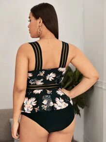 Plus Size Floral Contrast Mesh Ruffle Hem High Waisted Tankini Summer Beach - Black - View 2