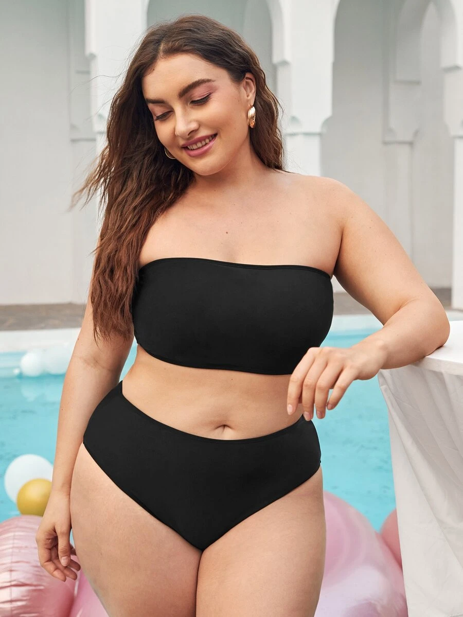 Plus Size Solid Bandeau Bikini Set Summer Beach - Black - View 1