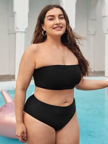 Conjunto de bikini de talla grande con estampado sólido estilo bandeau para la playa en verano - Negro - Ver 3