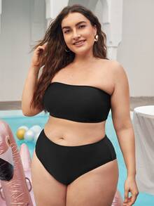 Conjunto de bikini de talla grande con estampado sólido estilo bandeau para la playa en verano - Negro - Ver 4