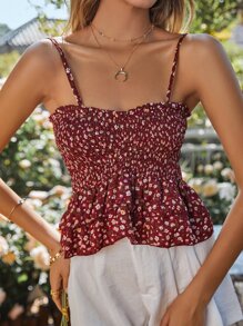 碎花打褶多層荷葉擺吊帶上衣 - 酒紅色 - 查看 1