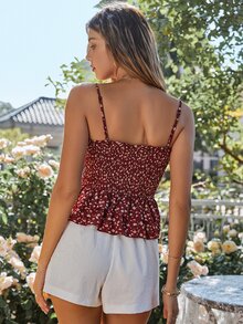 碎花打褶多層荷葉擺吊帶上衣 - 酒紅色 - 查看 2