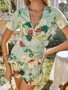 Bộ đồ hai mảnh nữ Thắt nút Viên lá sen Trọn gói Hoa Boho - Màu xanh chanh - Xem 3