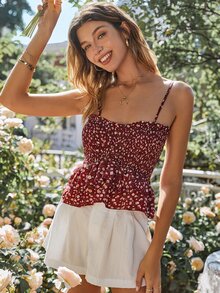 碎花打褶多層荷葉擺吊帶上衣 - 酒紅色 - 查看 3