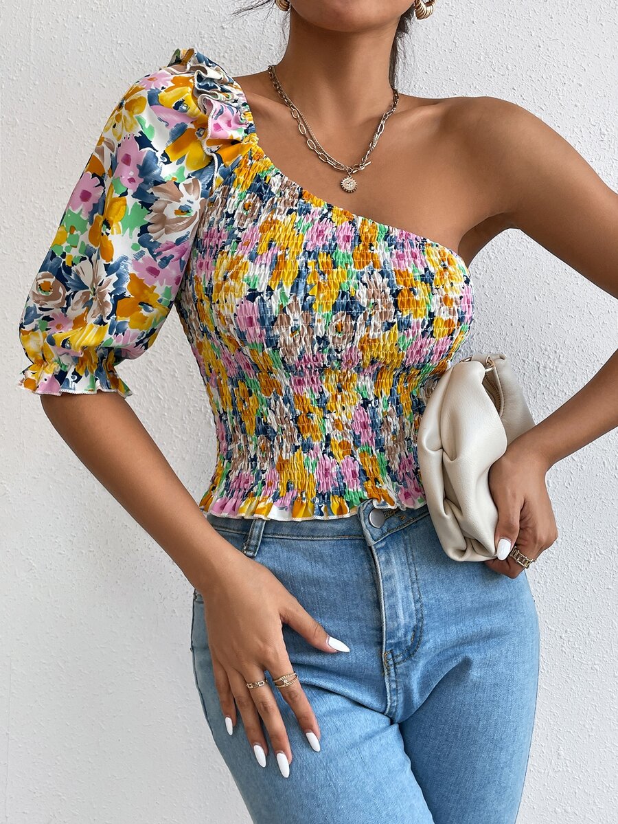 SHEIN Privé Floral Print One Shoulder Puff Sleeve Shirred Blouse - Multicolor - View 1