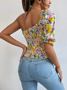 SHEIN Privé Floral Print One Shoulder Puff Sleeve Shirred Blouse - Multicolor - View 2